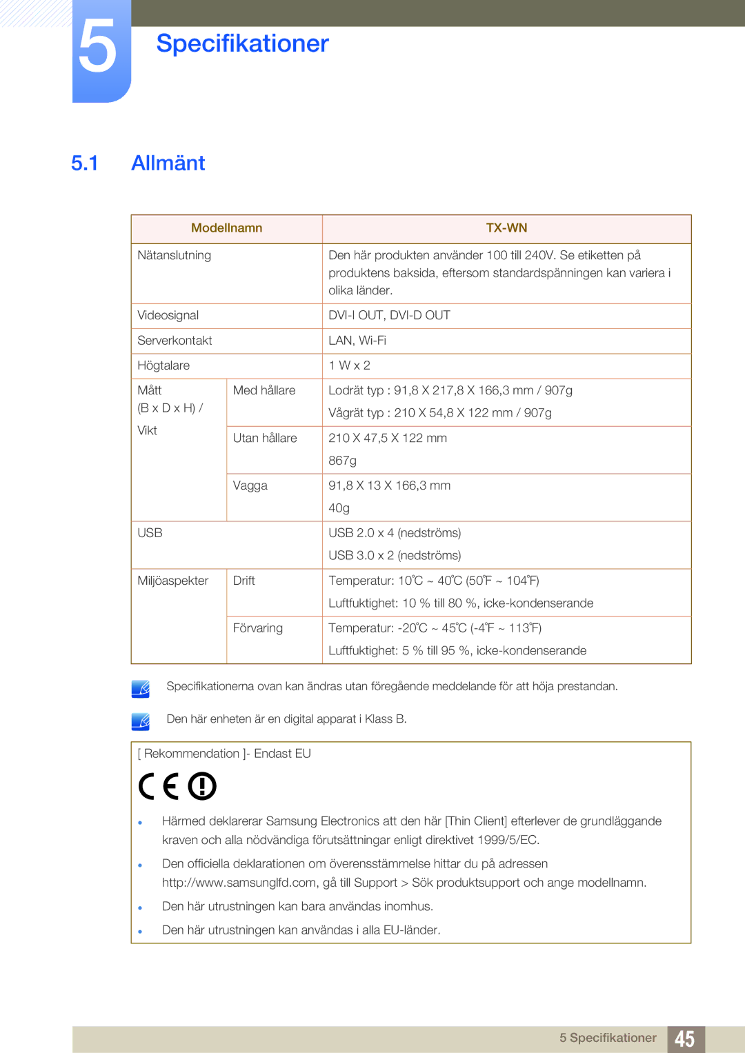 Samsung LF-TXWNF/EN, LF-TXWND/EN manual Specifikationer, Allmänt 