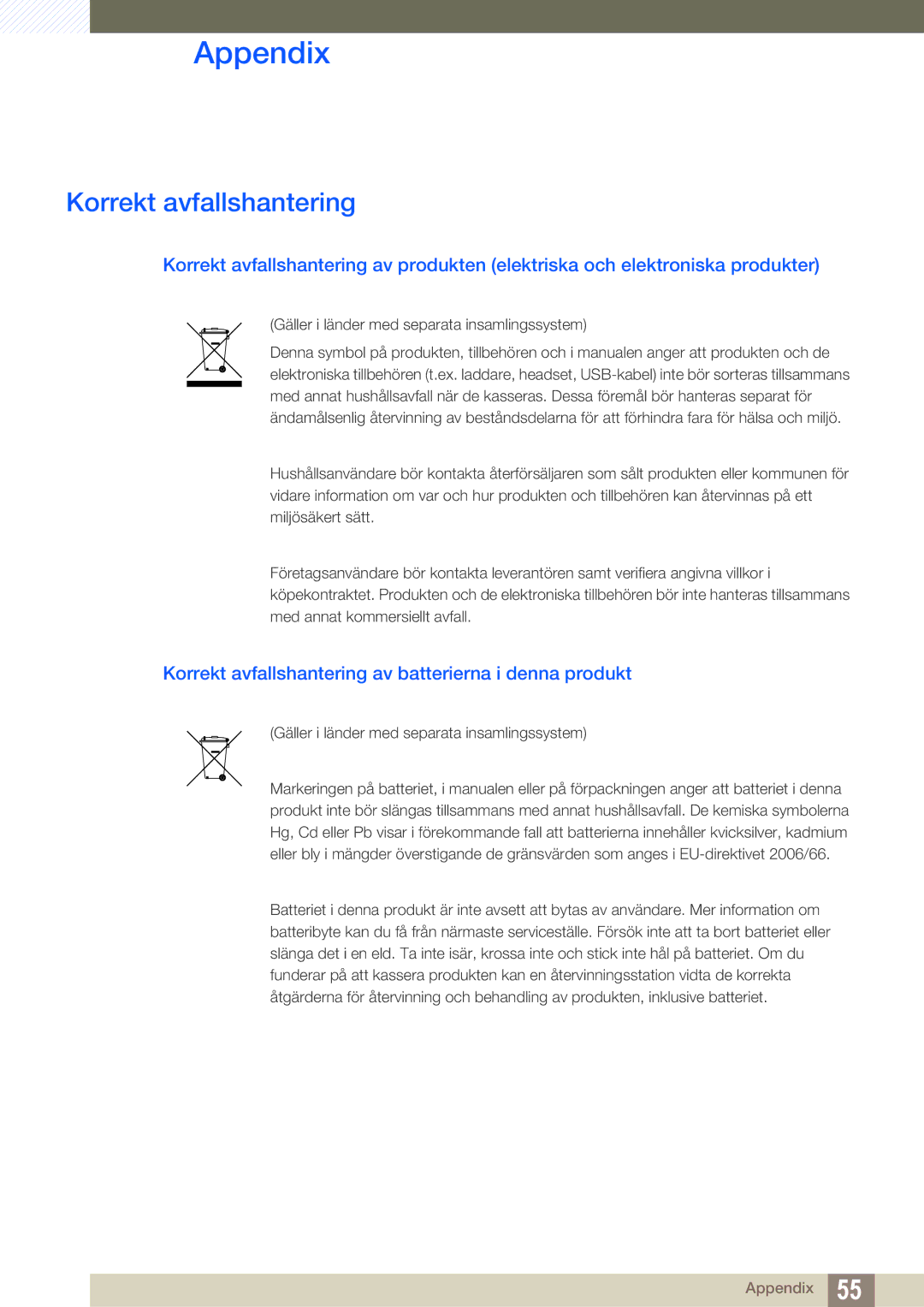 Samsung LF-TXWNF/EN, LF-TXWND/EN manual Korrekt avfallshantering av batterierna i denna produkt 