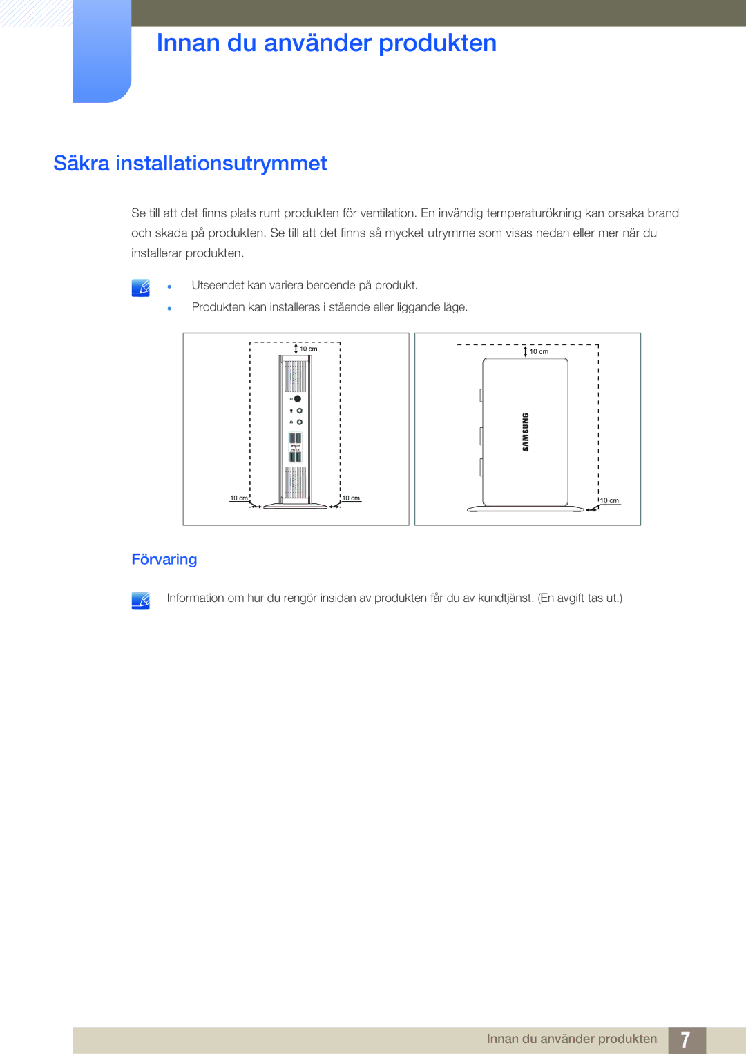 Samsung LF-TXWNF/EN, LF-TXWND/EN manual Säkra installationsutrymmet, Förvaring 