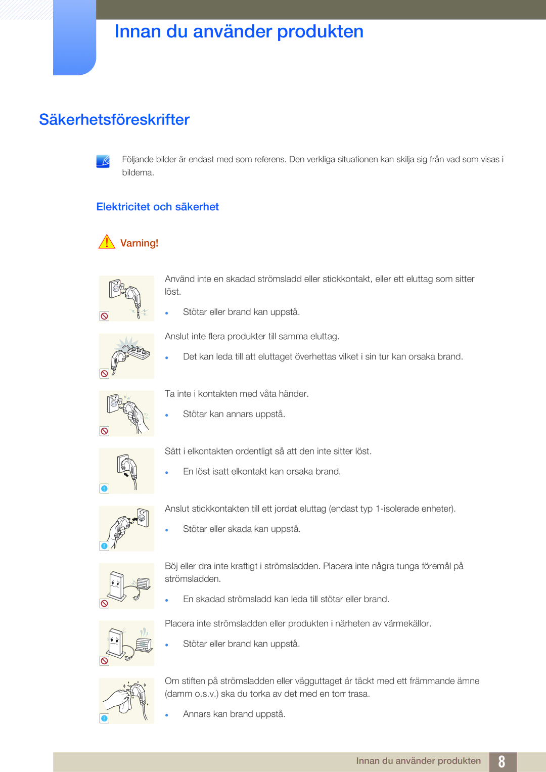 Samsung LF-TXWND/EN, LF-TXWNF/EN manual Säkerhetsföreskrifter, Elektricitet och säkerhet, Varning 