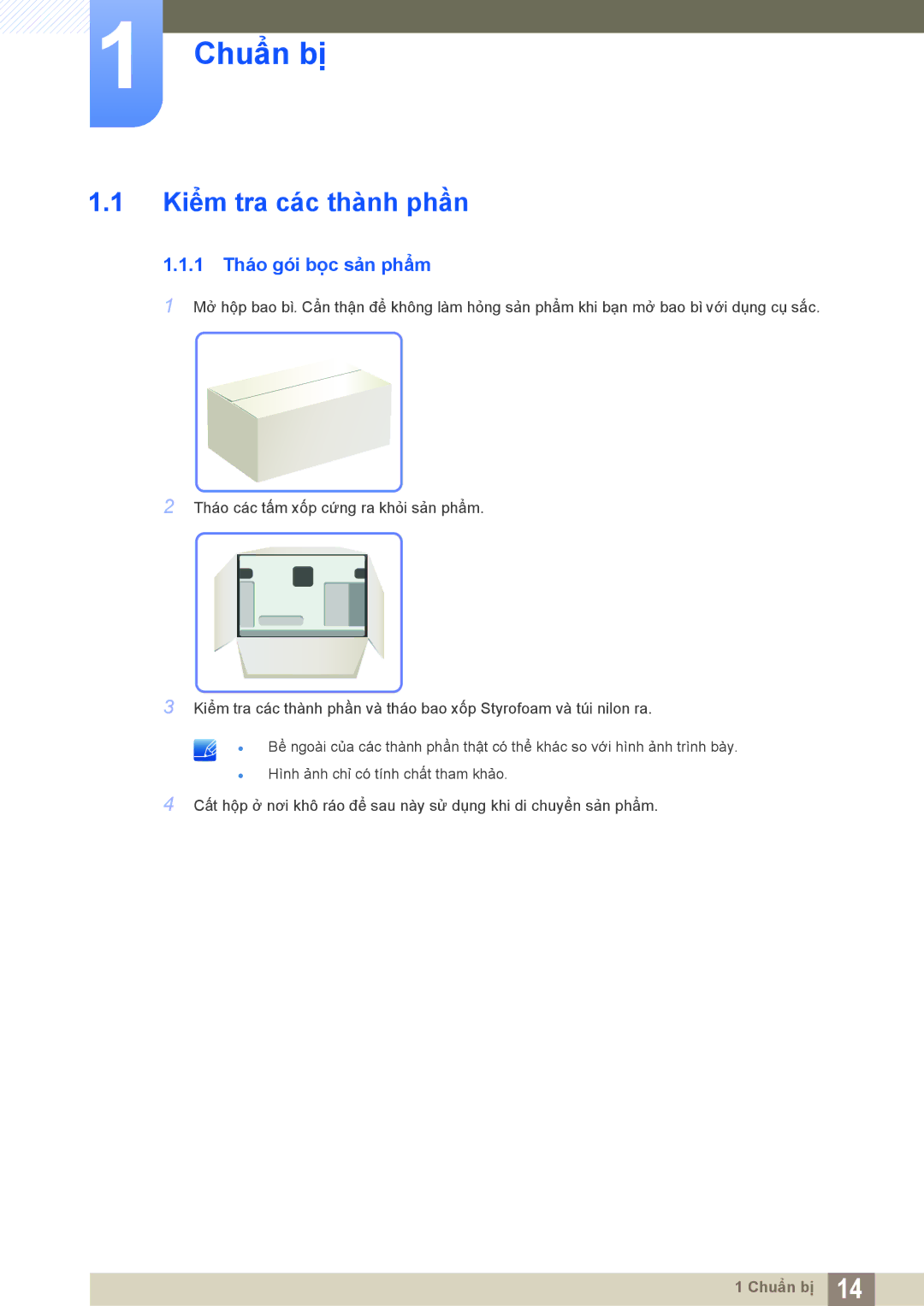 Samsung LF-TXWND/XY, LF-TXWNF/XY manual Chuẩn bị, Kiểm tra các thành phần, 1 Tháo gói bọc sản phẩm 