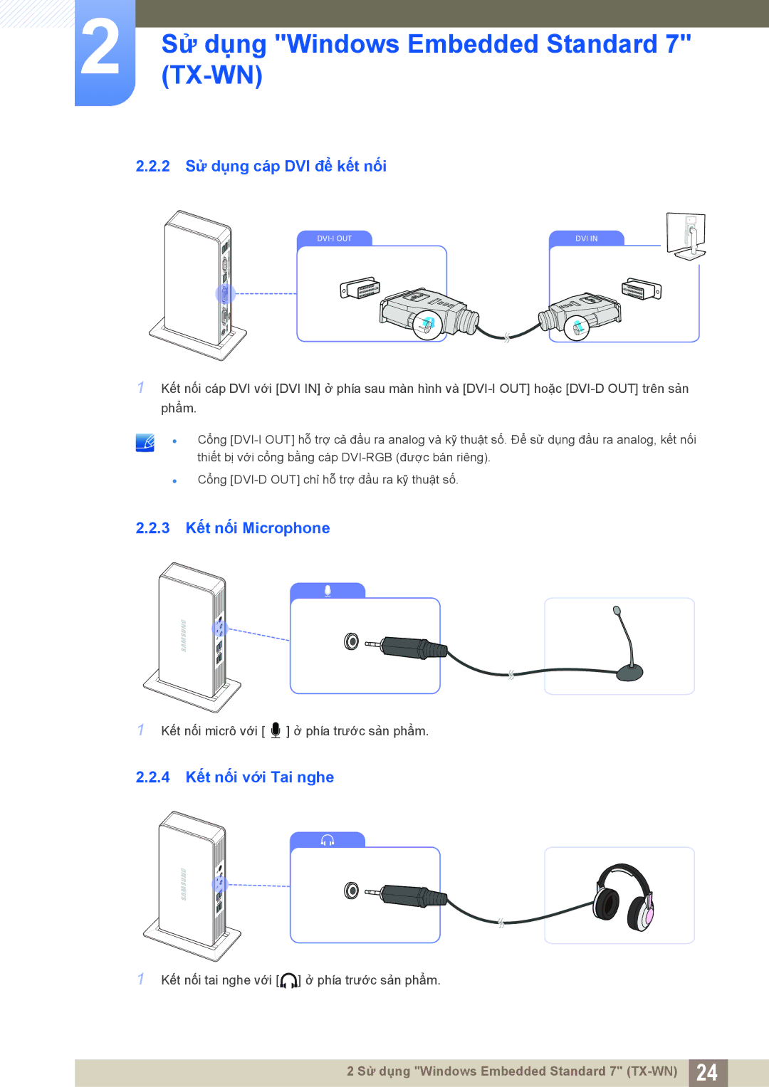 Samsung LF-TXWND/XY, LF-TXWNF/XY manual 2 Sử dụng cáp DVI để kết nối, 3 Kết nối Microphone, 4 Kết nối với Tai nghe 