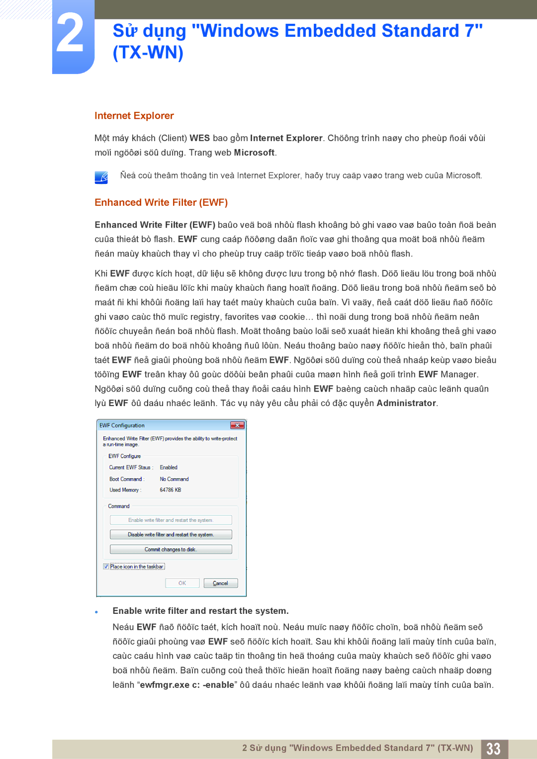 Samsung LF-TXWNF/XY, LF-TXWND/XY Internet Explorer, Enhanced Write Filter EWF, Enable write filter and restart the system 