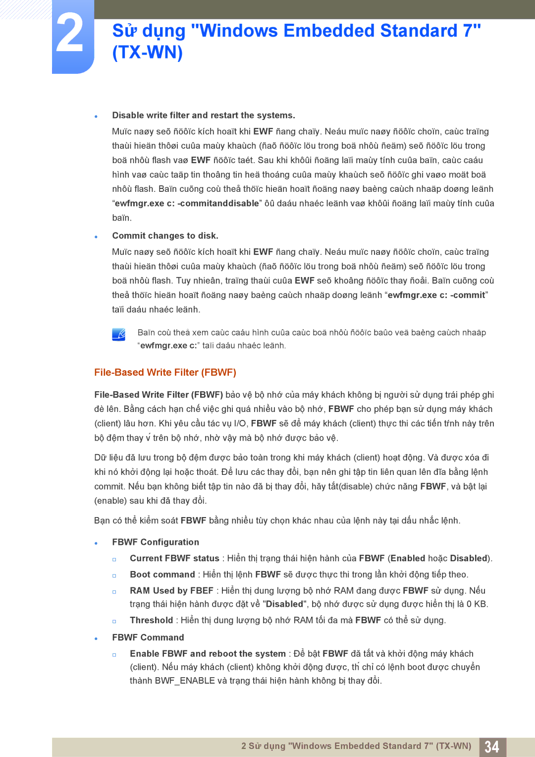 Samsung LF-TXWND/XY manual Sử dụng Windows Embedded Standard 7 TX-WN, File-Based Write Filter Fbwf, Commit changes to disk 