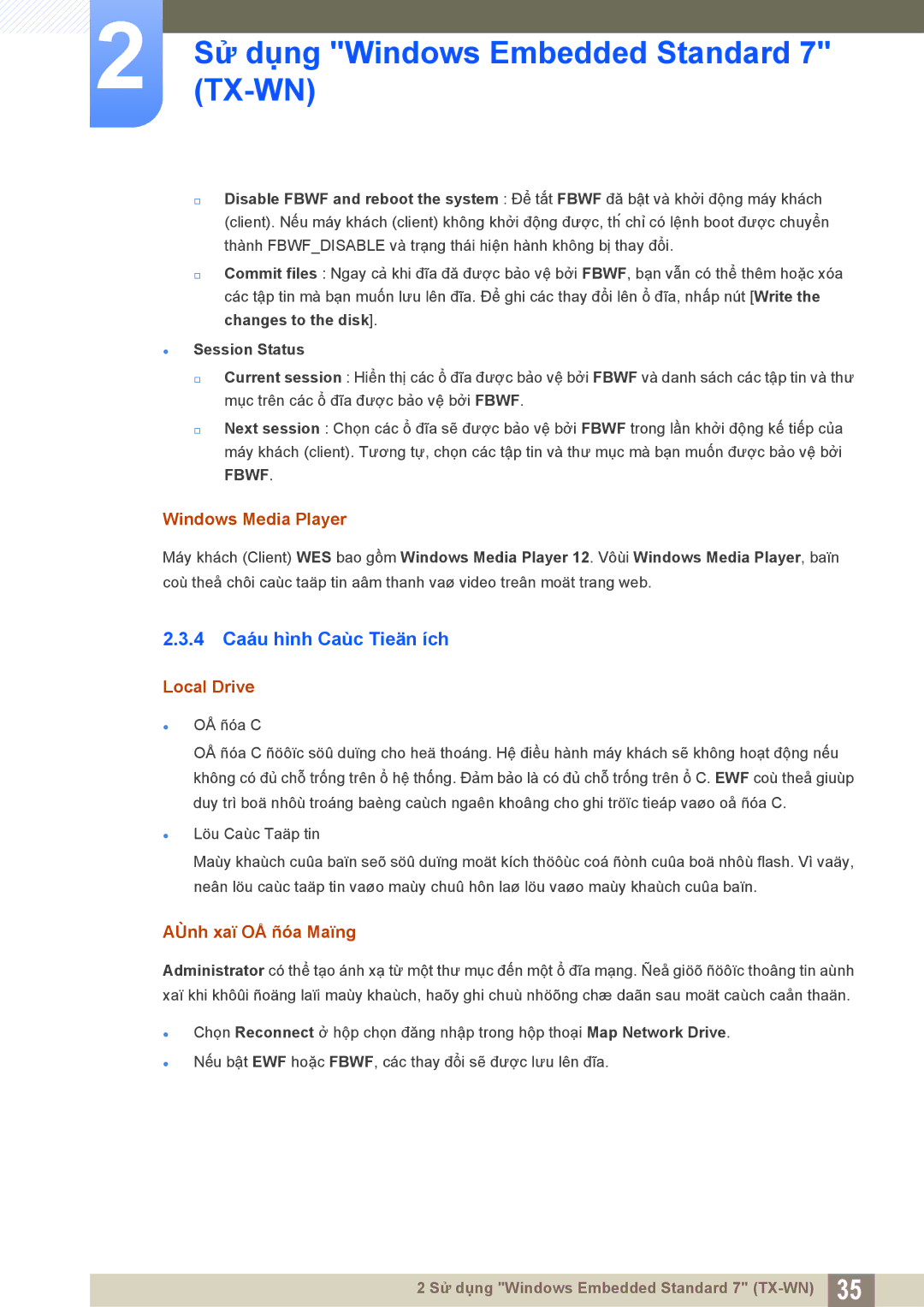 Samsung LF-TXWNF/XY 4 Caáu hình Caùc Tieän ích, Windows Media Player, Local Drive, AÙnh xaï OÅ ñóa Maïng, Session Status 