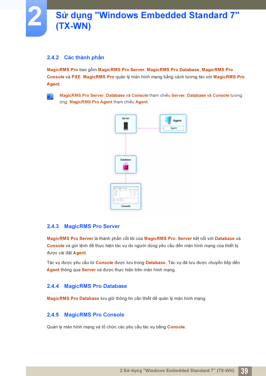 Samsung LF-TXWNF/XY, LF-TXWND/XY manual 2 Các thành phần, MagicRMS Pro Server, MagicRMS Pro Database, MagicRMS Pro Console 