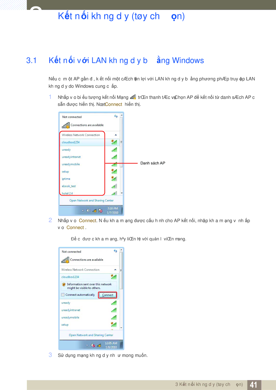 Samsung LF-TXWNF/XY, LF-TXWND/XY manual Kết nối không dây tùy chọn, Kết nối với LAN không dây bằng Windows 