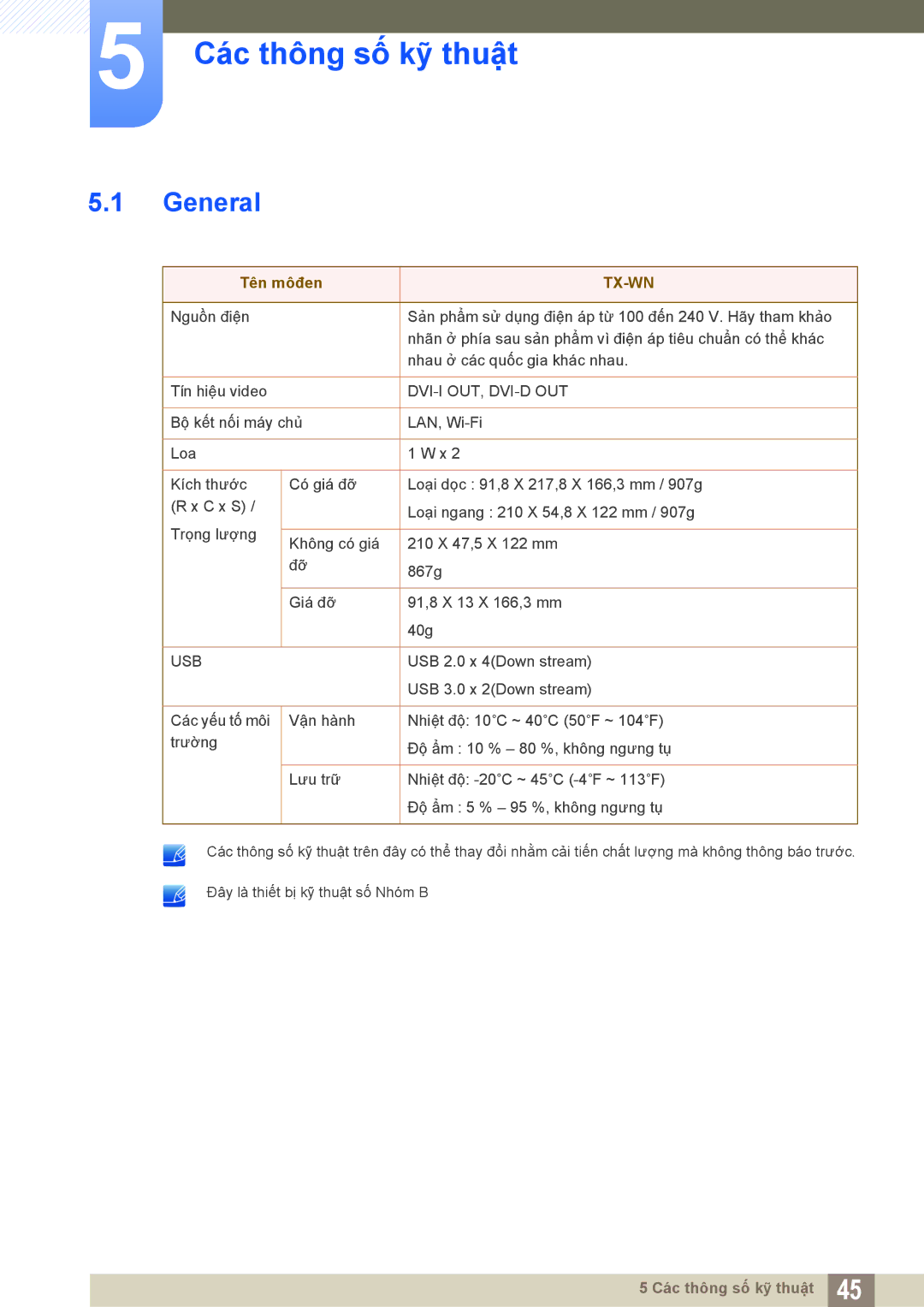 Samsung LF-TXWNF/XY, LF-TXWND/XY manual Các thông số kỹ thuật, General 