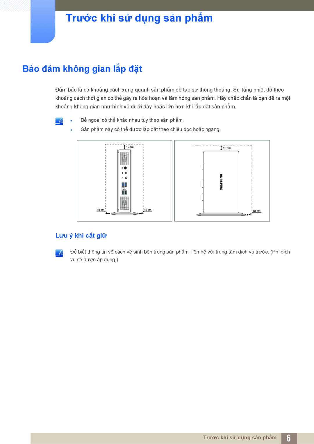 Samsung LF-TXWND/XY, LF-TXWNF/XY manual Bảo đảm không gian lắp đặt, Lưu ý khi cất giữ 