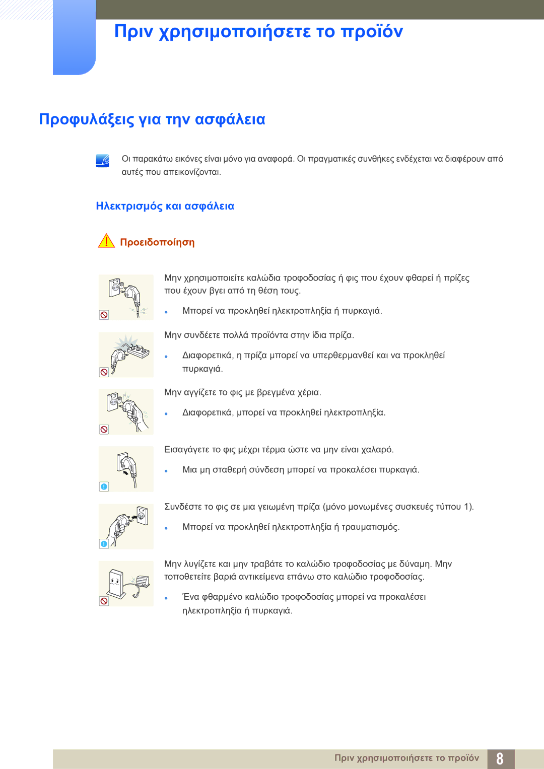 Samsung LF-TXWNF/EN manual Προφυλάξεις για την ασφάλεια, Ηλεκτρισμός και ασφάλεια, Προειδοποίηση 