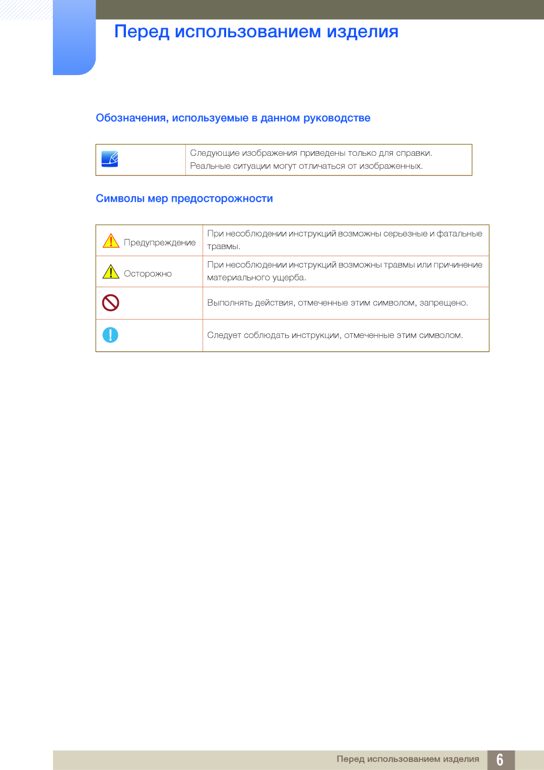 Samsung LF00FNXPFBZXCI manual Обозначения, используемые в данном руководстве, Символы мер предосторожности 