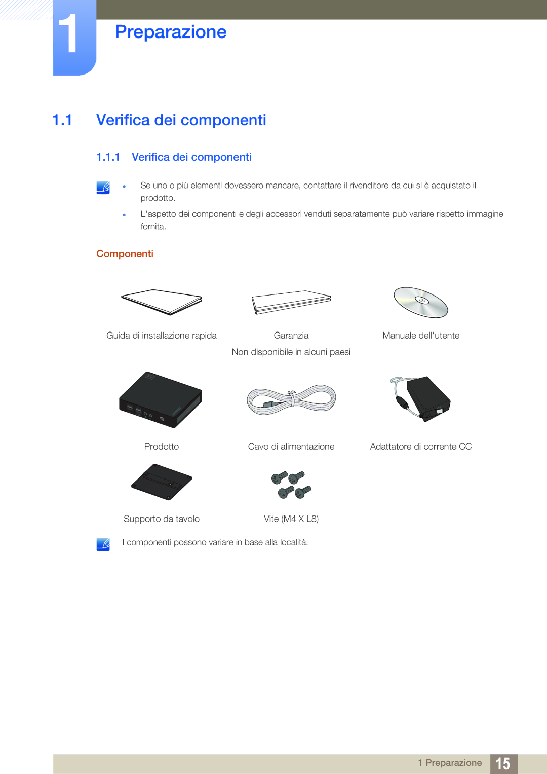 Samsung LF00FNXPFBZXEN manual Verifica dei componenti, Componenti 