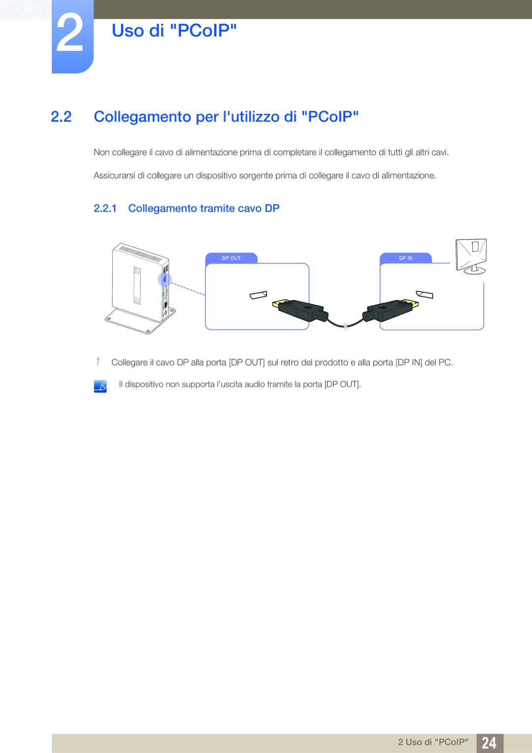 Samsung LF00FNXPFBZXEN manual Collegamento per lutilizzo di PCoIP, Collegamento tramite cavo DP 