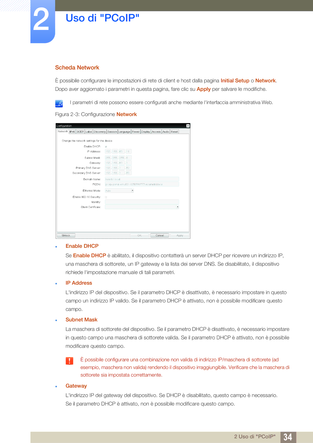 Samsung LF00FNXPFBZXEN manual Scheda Network, Enable Dhcp, IP Address, Subnet Mask, Gateway 