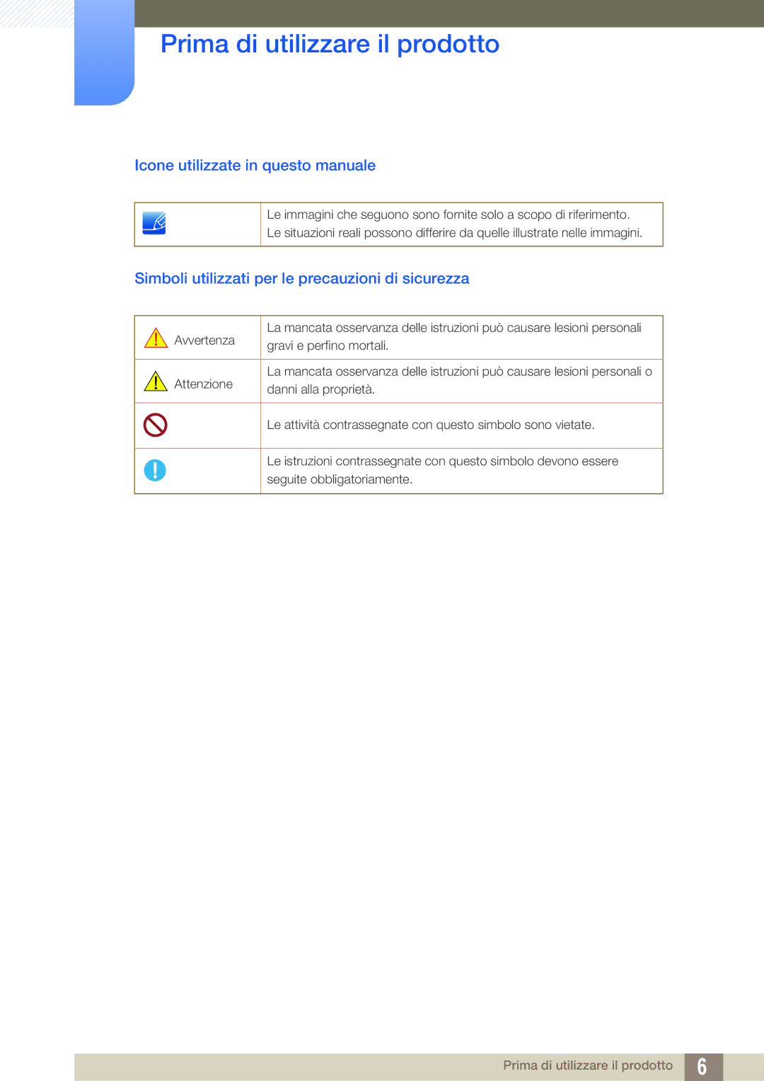 Samsung LF00FNXPFBZXEN Icone utilizzate in questo manuale, Simboli utilizzati per le precauzioni di sicurezza 