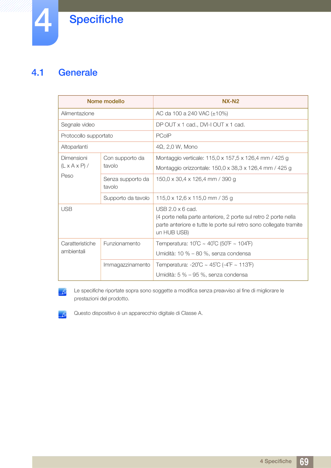 Samsung LF00FNXPFBZXEN manual Specifiche, Generale 