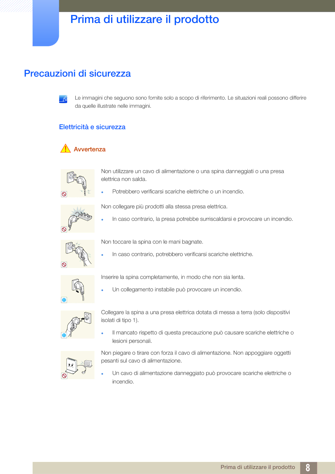 Samsung LF00FNXPFBZXEN manual Precauzioni di sicurezza, Elettricità e sicurezza, Avvertenza 