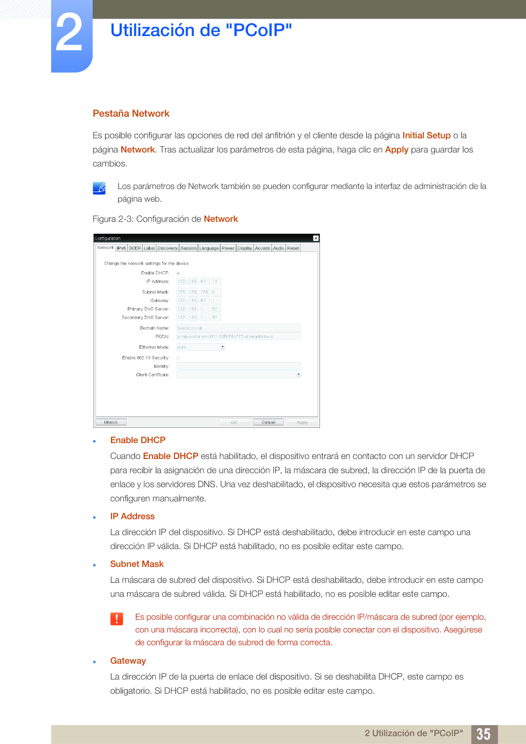 Samsung LF00FNXPFBZXEN manual Pestaña Network, Enable Dhcp, IP Address, Subnet Mask, Gateway 