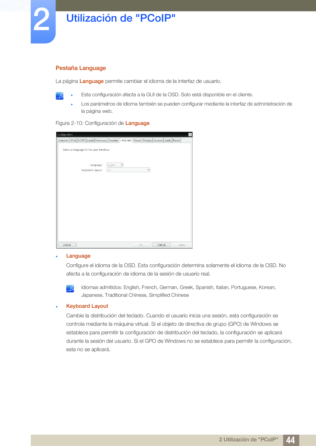 Samsung LF00FNXPFBZXEN manual Pestaña Language, Keyboard Layout 