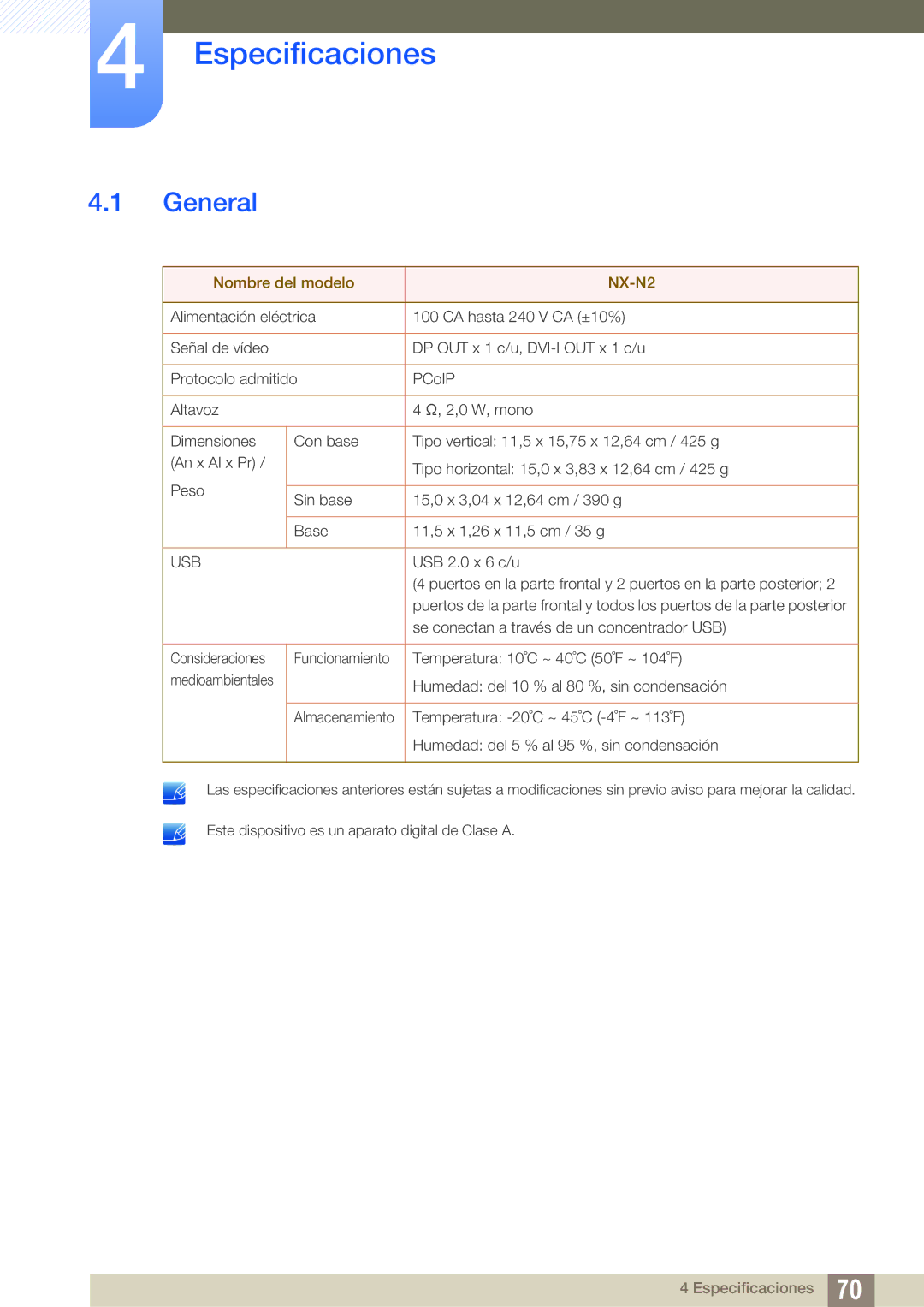 Samsung LF00FNXPFBZXEN manual Especificaciones, General 