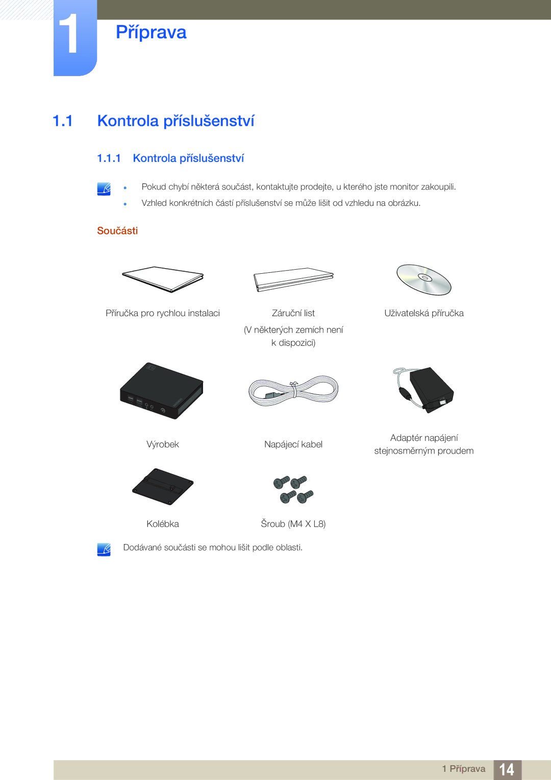 Samsung LF00FNXPFBZXEN manual Kontrola příslušenství, Součásti 