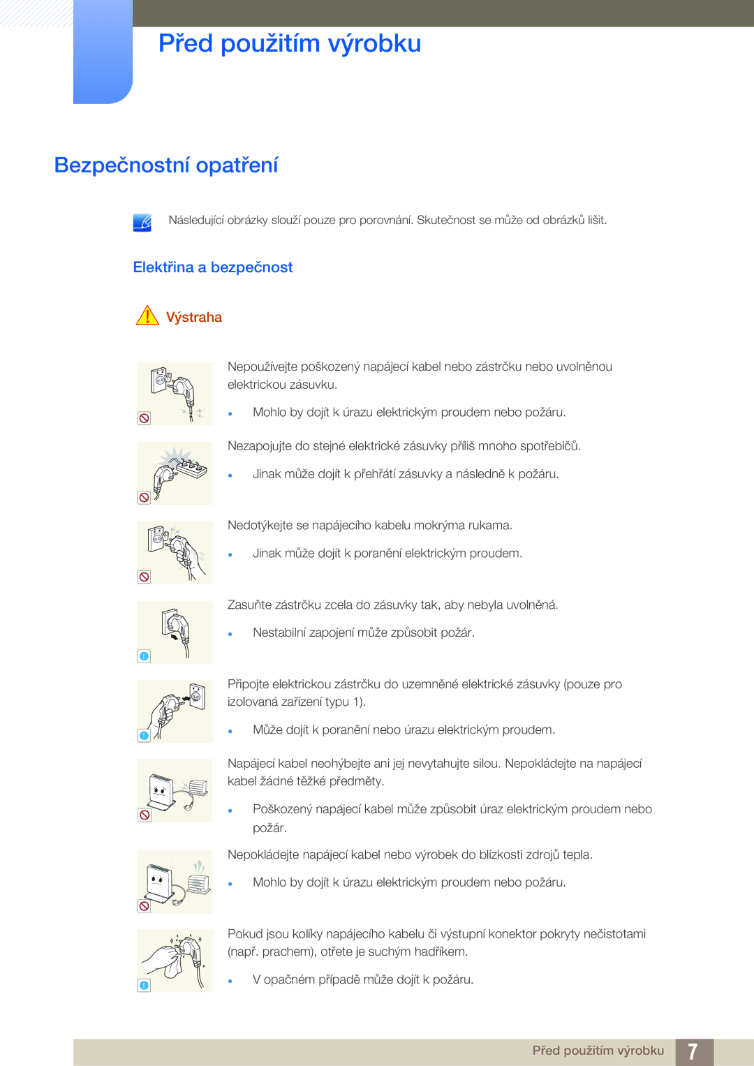 Samsung LF00FNXPFBZXEN manual Bezpečnostní opatření, Elektřina a bezpečnost, Výstraha 