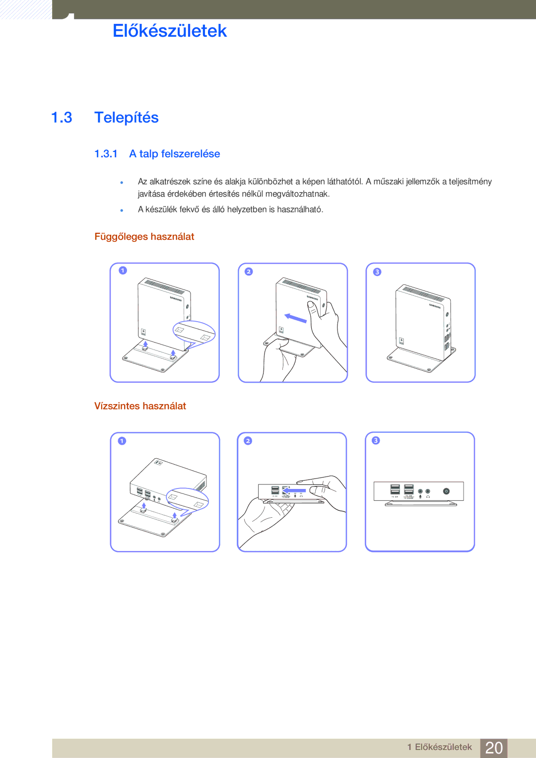 Samsung LF00FNXPFBZXEN manual Telepítés, Talp felszerelése, Függőleges használat Vízszintes használat 