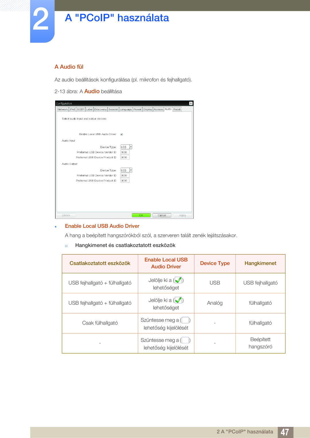 Samsung LF00FNXPFBZXEN manual Audio fül,  Enable Local USB Audio Driver, Enable Local USB Device Type 