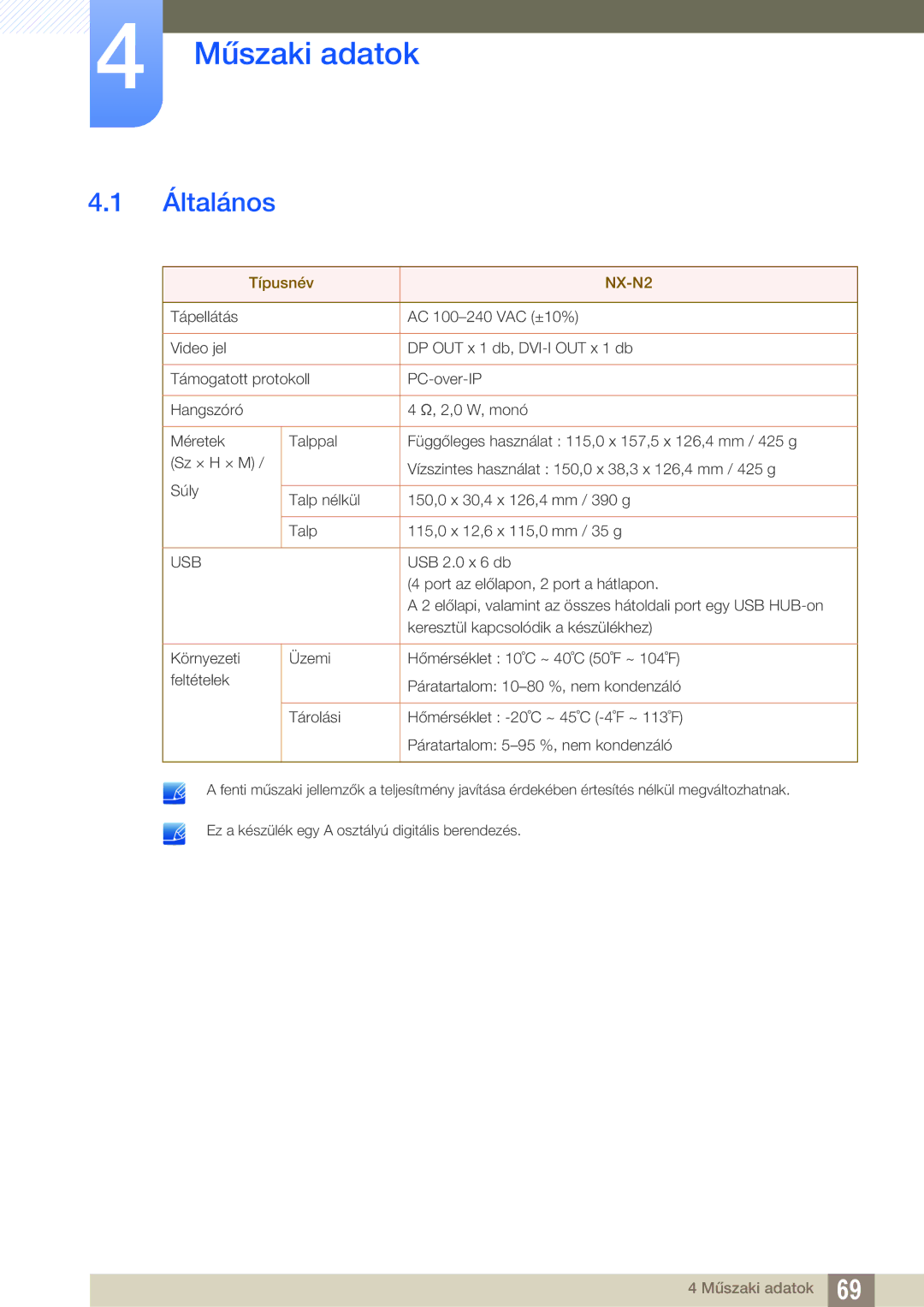 Samsung LF00FNXPFBZXEN manual Műszaki adatok, Általános 