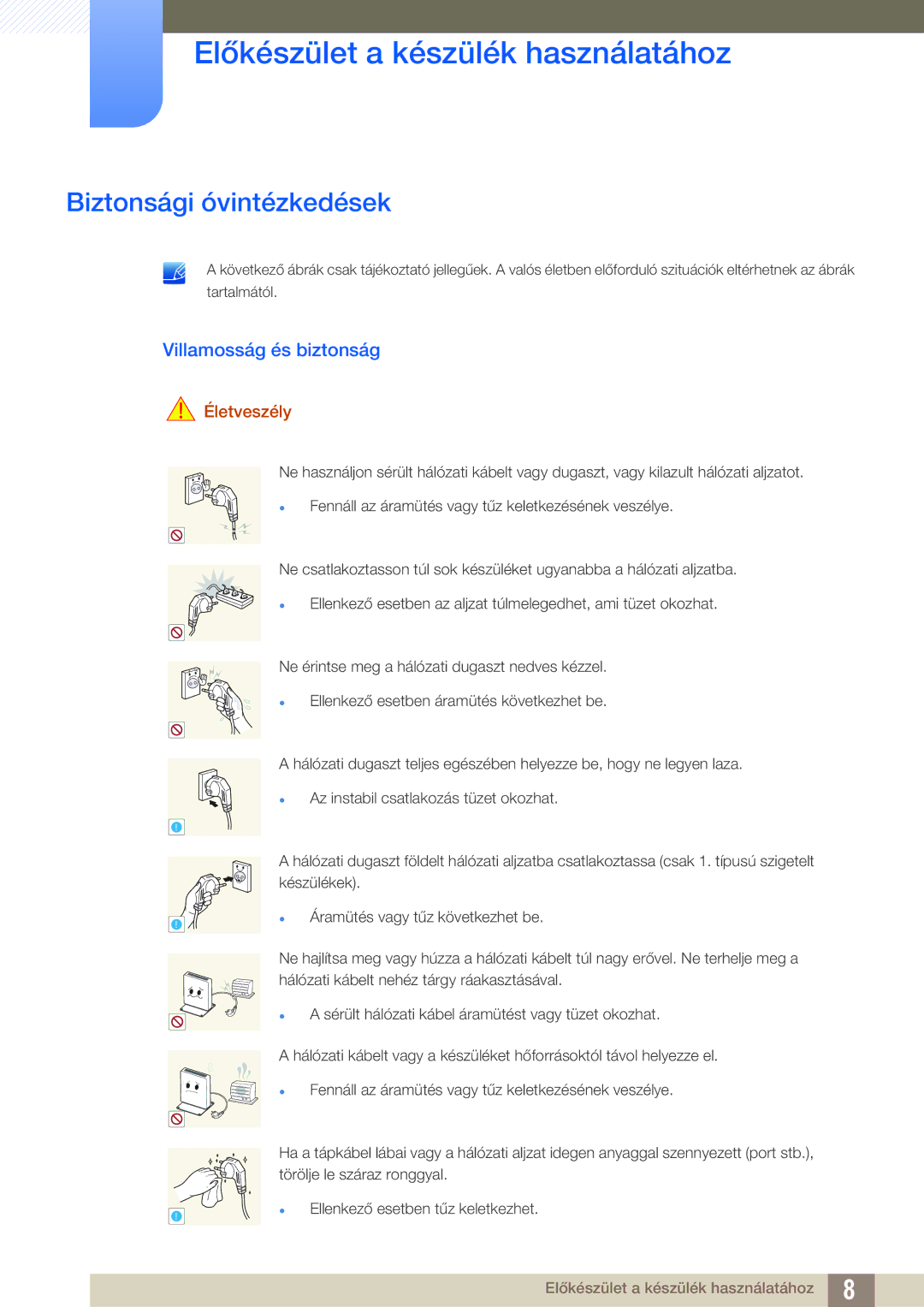 Samsung LF00FNXPFBZXEN manual Biztonsági óvintézkedések, Villamosság és biztonság, Életveszély 