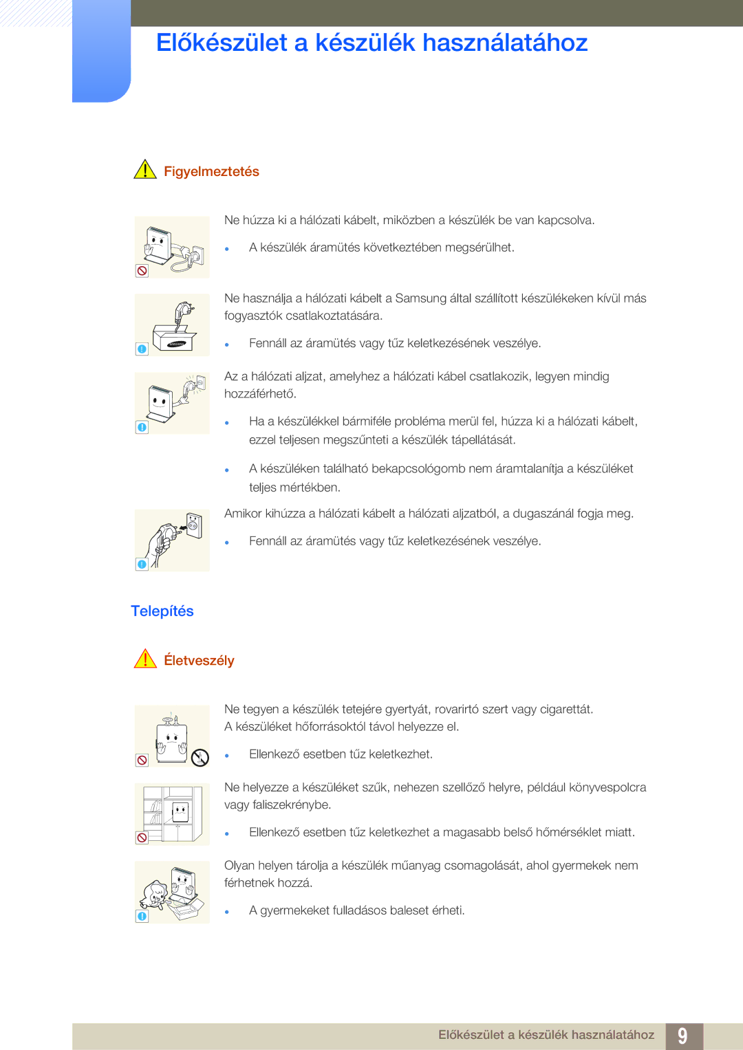 Samsung LF00FNXPFBZXEN manual Telepítés, Figyelmeztetés 