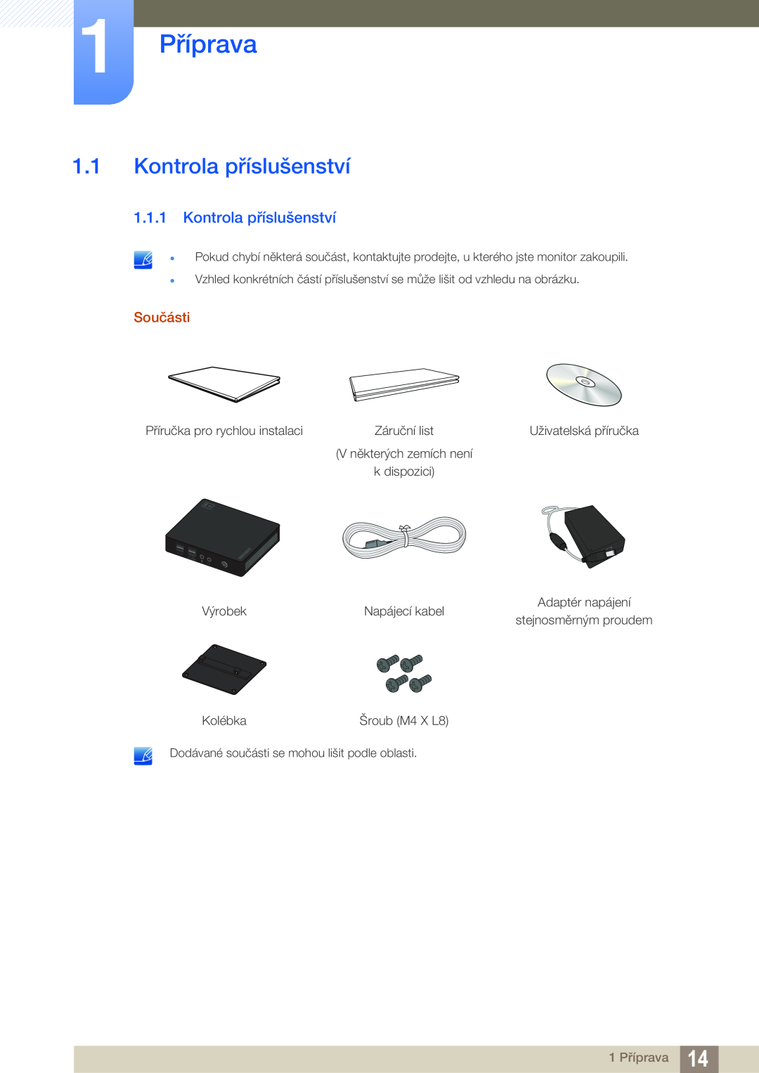 Samsung LF00FNXPFBZXEN manual 1 Příprava, Kontrola příslušenství, Součásti 