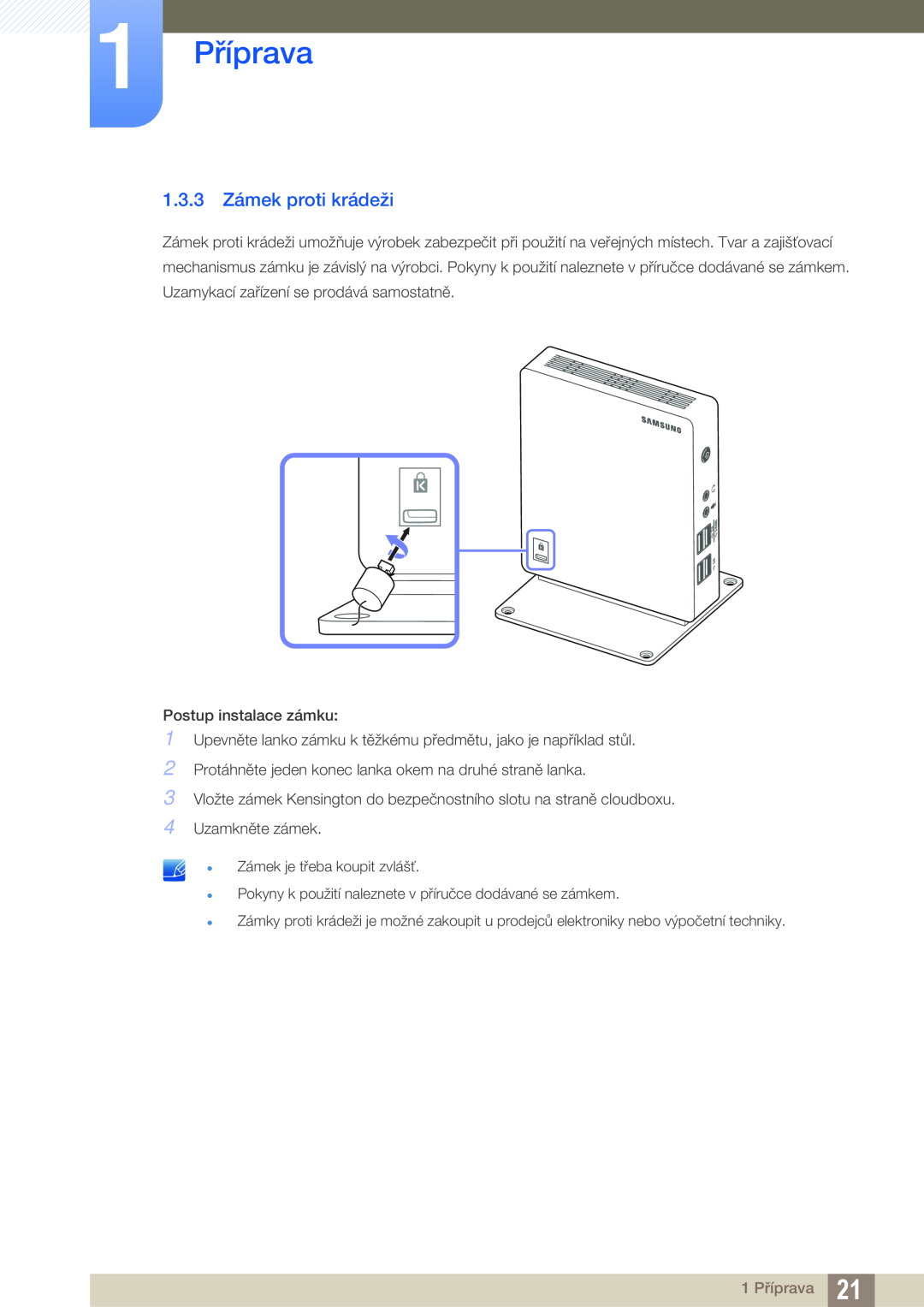 Samsung LF00FNXPFBZXEN manual 1.3.3 Zámek proti krádeži, 1 Příprava 