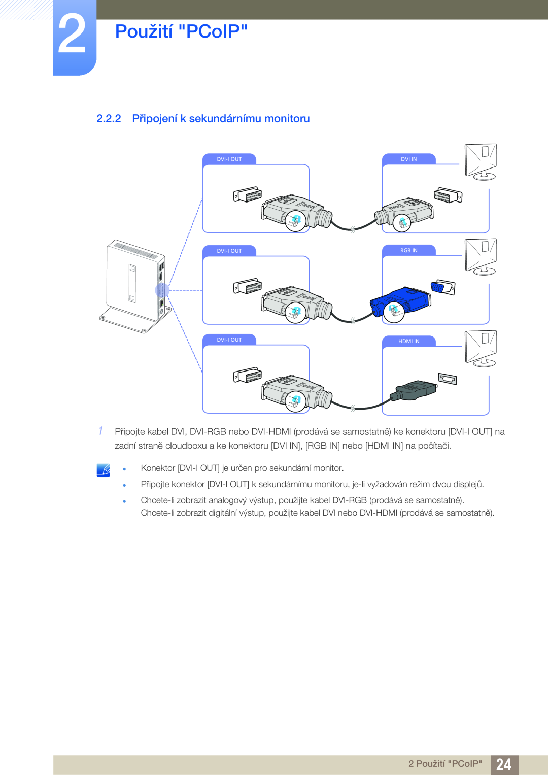 Samsung LF00FNXPFBZXEN manual 2.2.2 Připojení k sekundárnímu monitoru, 2 Použití PCoIP 