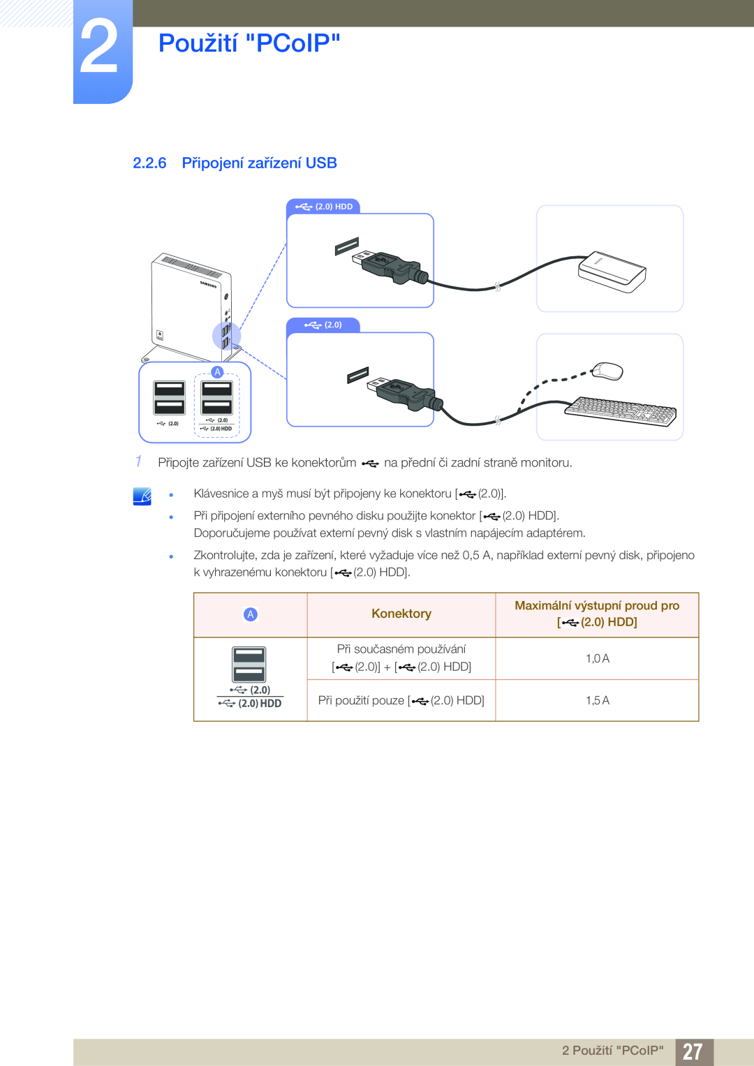 Samsung LF00FNXPFBZXEN manual 2.2.6 Připojení zařízení USB, 2 Použití PCoIP 