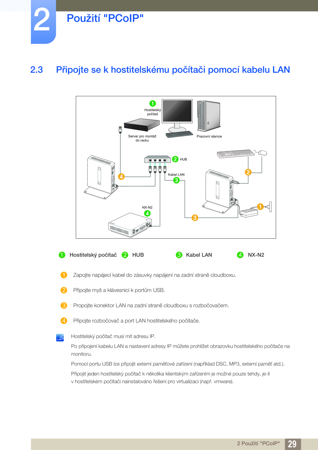 Samsung LF00FNXPFBZXEN manual 2.3 Připojte se k hostitelskému počítači pomocí kabelu LAN, 2 Použití PCoIP 