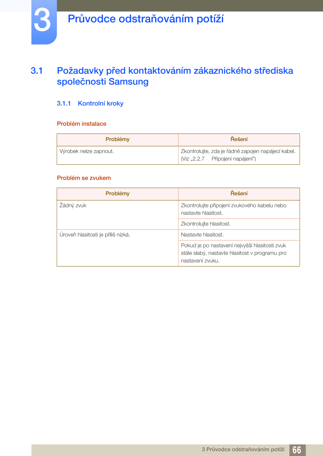 Samsung LF00FNXPFBZXEN manual 3 Průvodce odstraňováním potíží, Kontrolní kroky, Problém instalace, Problém se zvukem 