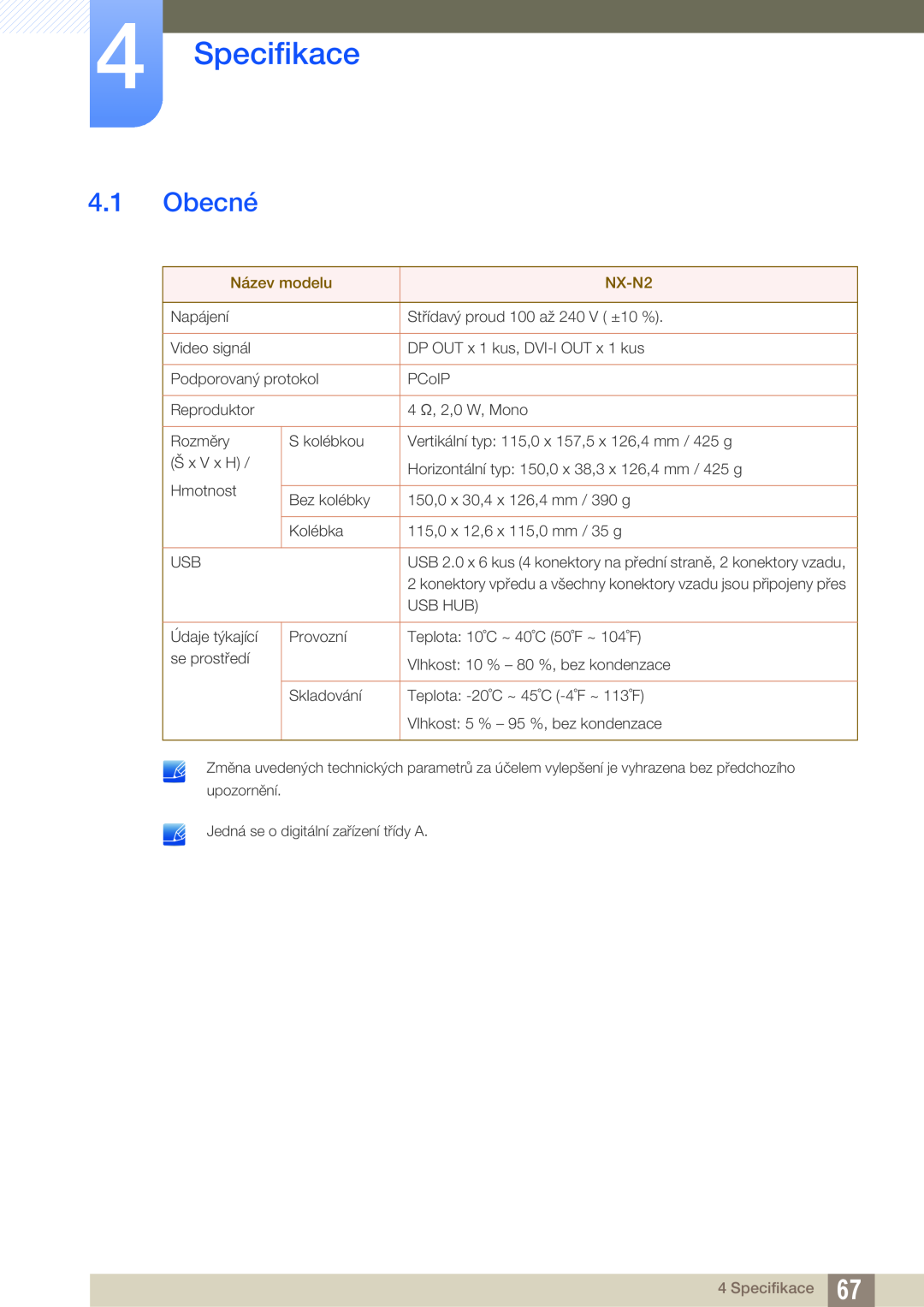 Samsung LF00FNXPFBZXEN manual Specifikace, Obecné 