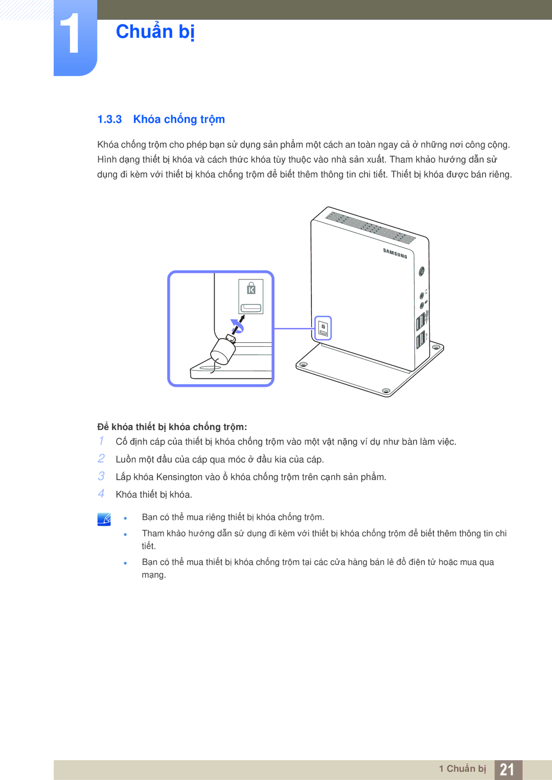 Samsung LF-NXN2N/XY, LF00FNXPFBZXXV manual 3 Khóa chống trộm, Để khóa thiết bị khóa chống trộm 