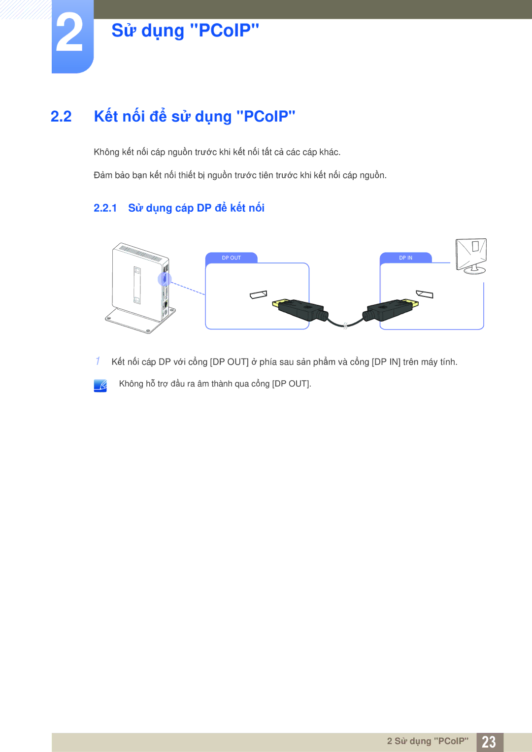 Samsung LF-NXN2N/XY, LF00FNXPFBZXXV manual Kết nối để sử dụng PCoIP, 1 Sử dụng cáp DP để kết nối 