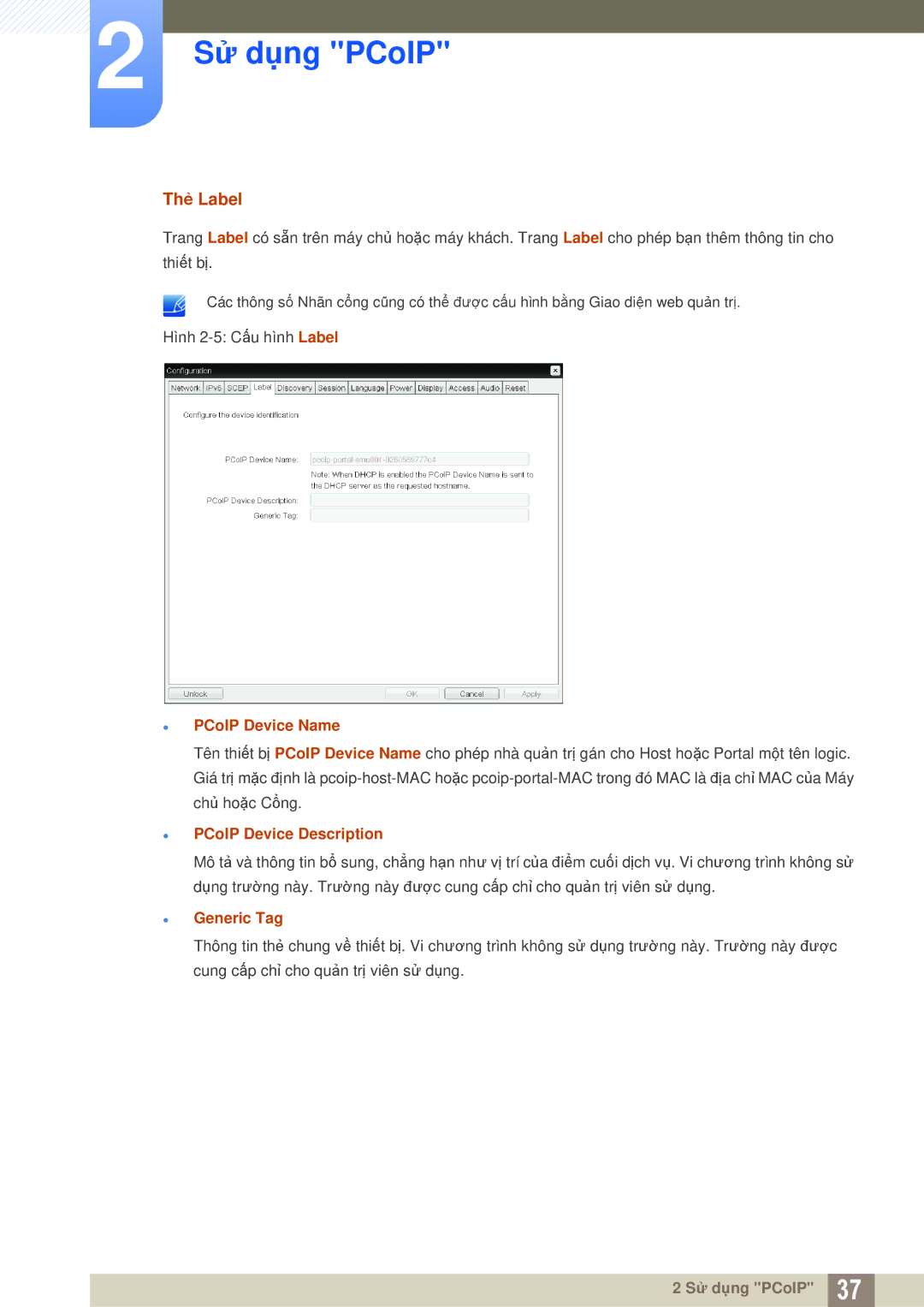 Samsung LF-NXN2N/XY, LF00FNXPFBZXXV manual Thẻ Label, PCoIP Device Name, PCoIP Device Description, Generic Tag 