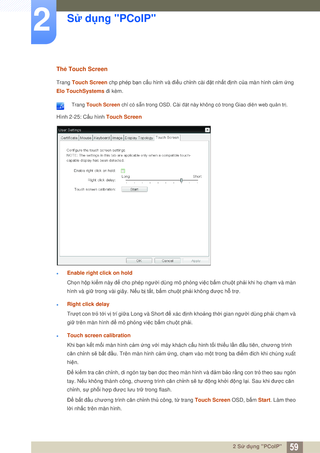 Samsung LF-NXN2N/XY manual Thẻ Touch Screen, Elo TouchSystems đi kèm, Enable right click on hold, Right click delay 