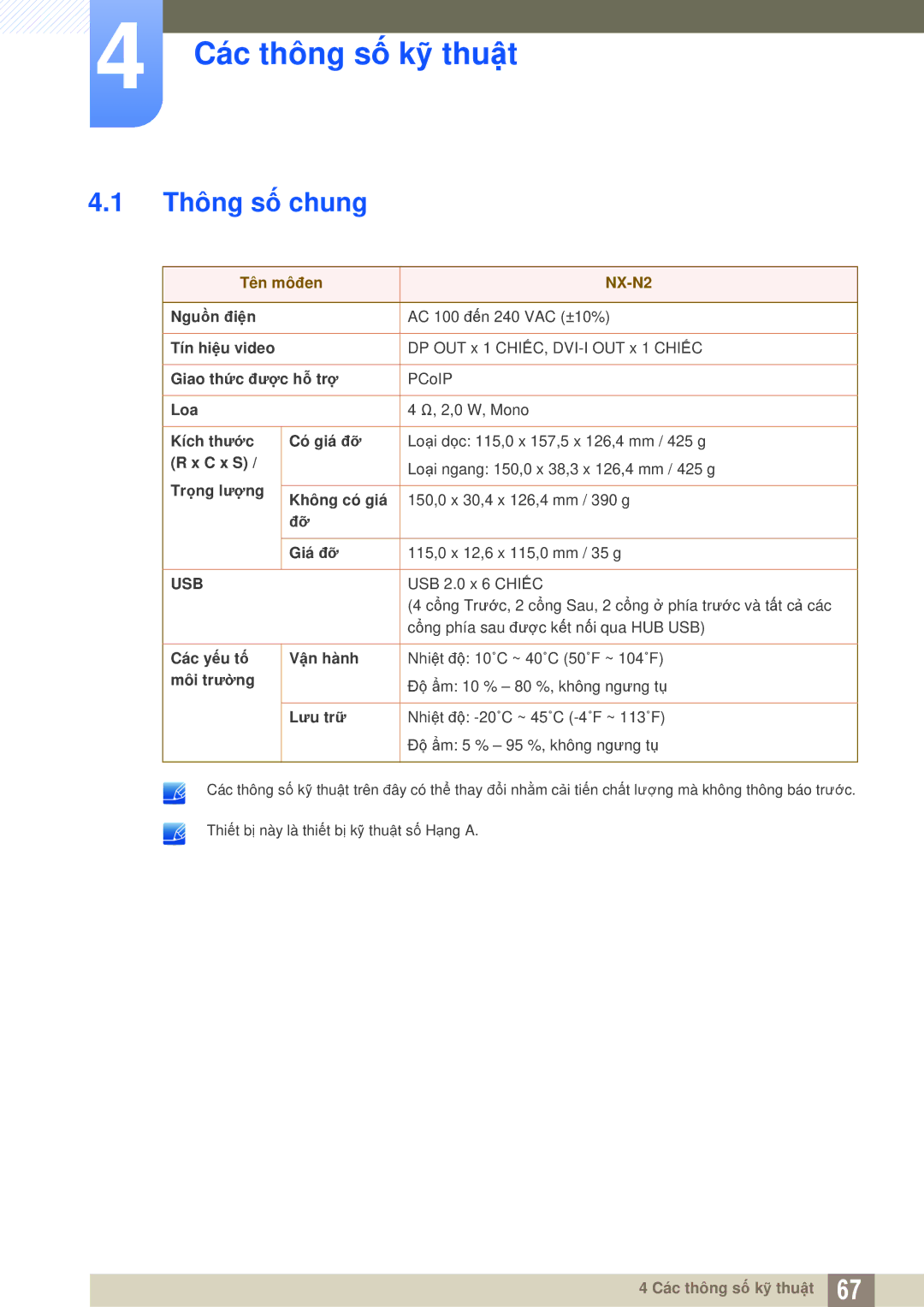 Samsung LF-NXN2N/XY, LF00FNXPFBZXXV manual Các thông số kỹ thuật, Thông số chung 