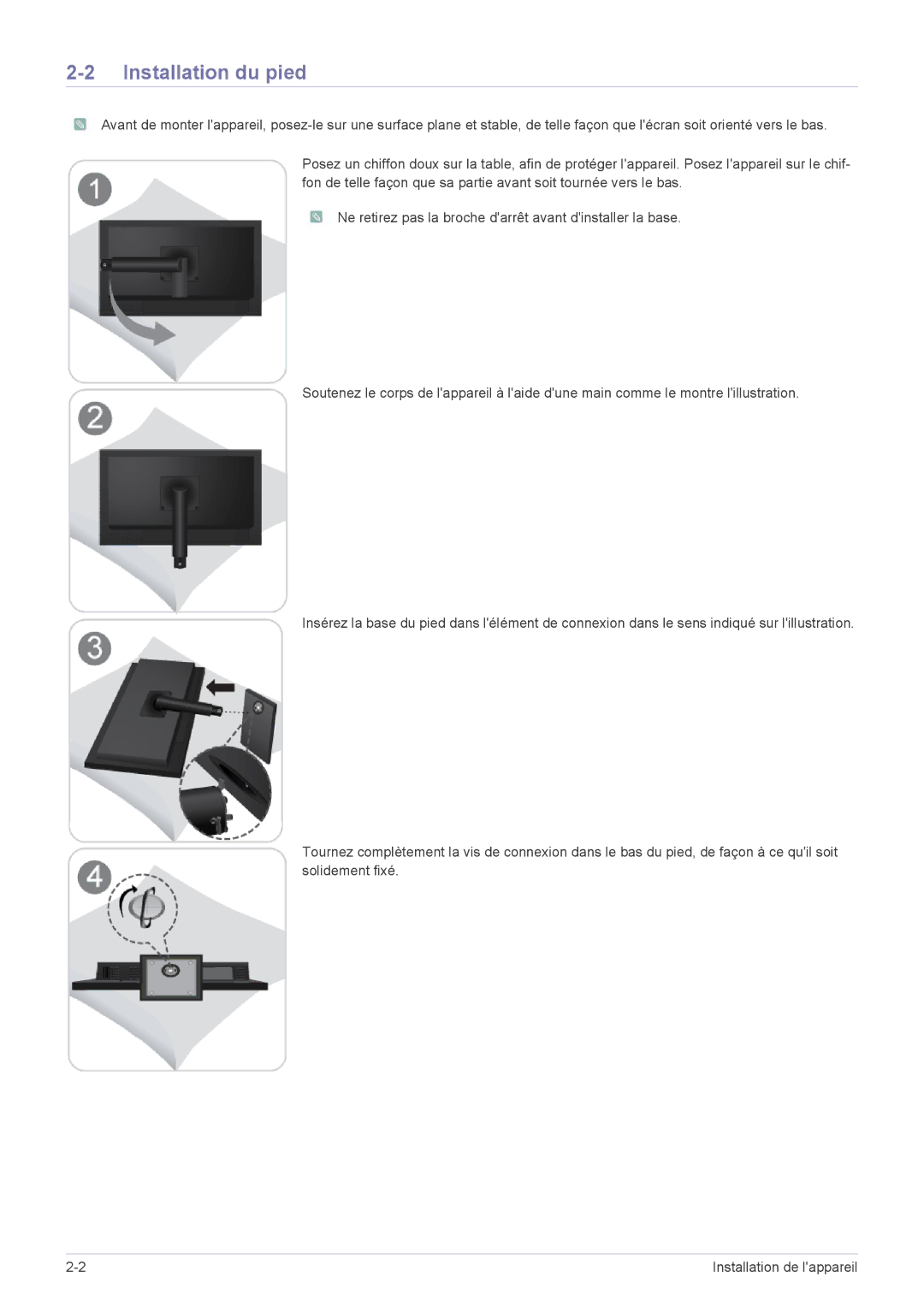 Samsung LF18TUSLBL/EN, LF18TUSLB3/EN manual Installation du pied 