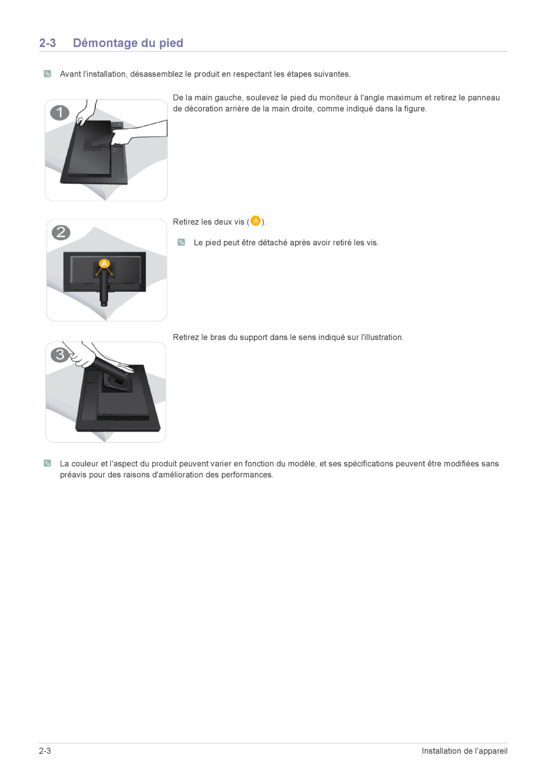 Samsung LF18TUSLBL/EN, LF18TUSLB3/EN manual Démontage du pied 