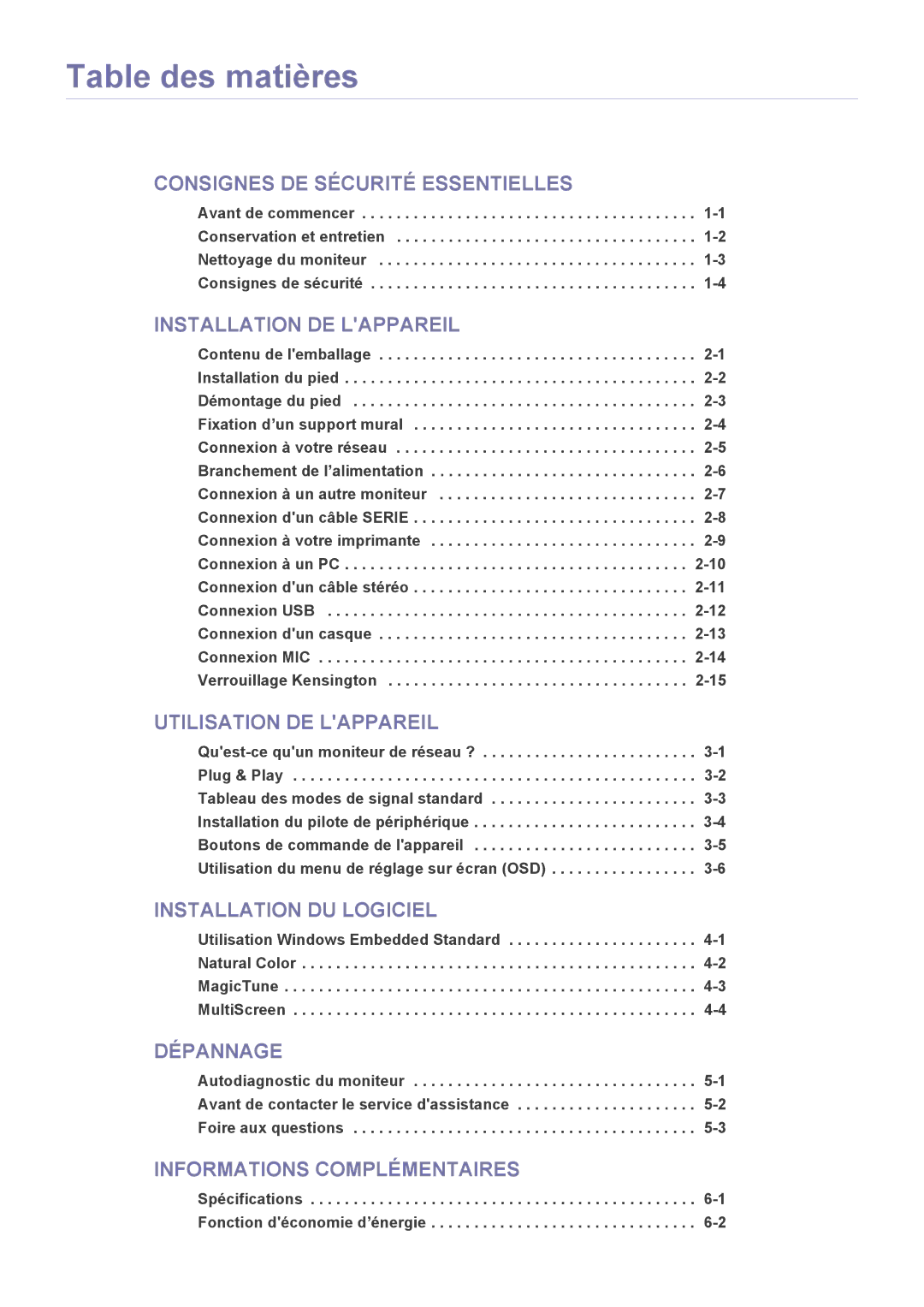 Samsung LF18TUSLB3/EN, LF18TUSLBL/EN manual Table des matières, Spécifications -1 Fonction déconomie d’énergie 