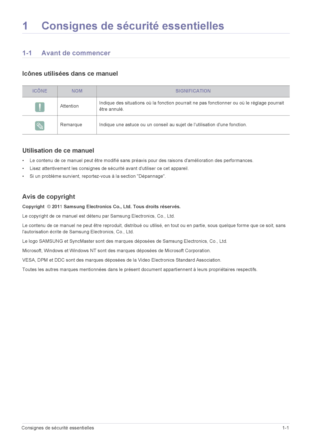 Samsung LF18TUSLB3/EN Avant de commencer, Icônes utilisées dans ce manuel, Utilisation de ce manuel, Avis de copyright 