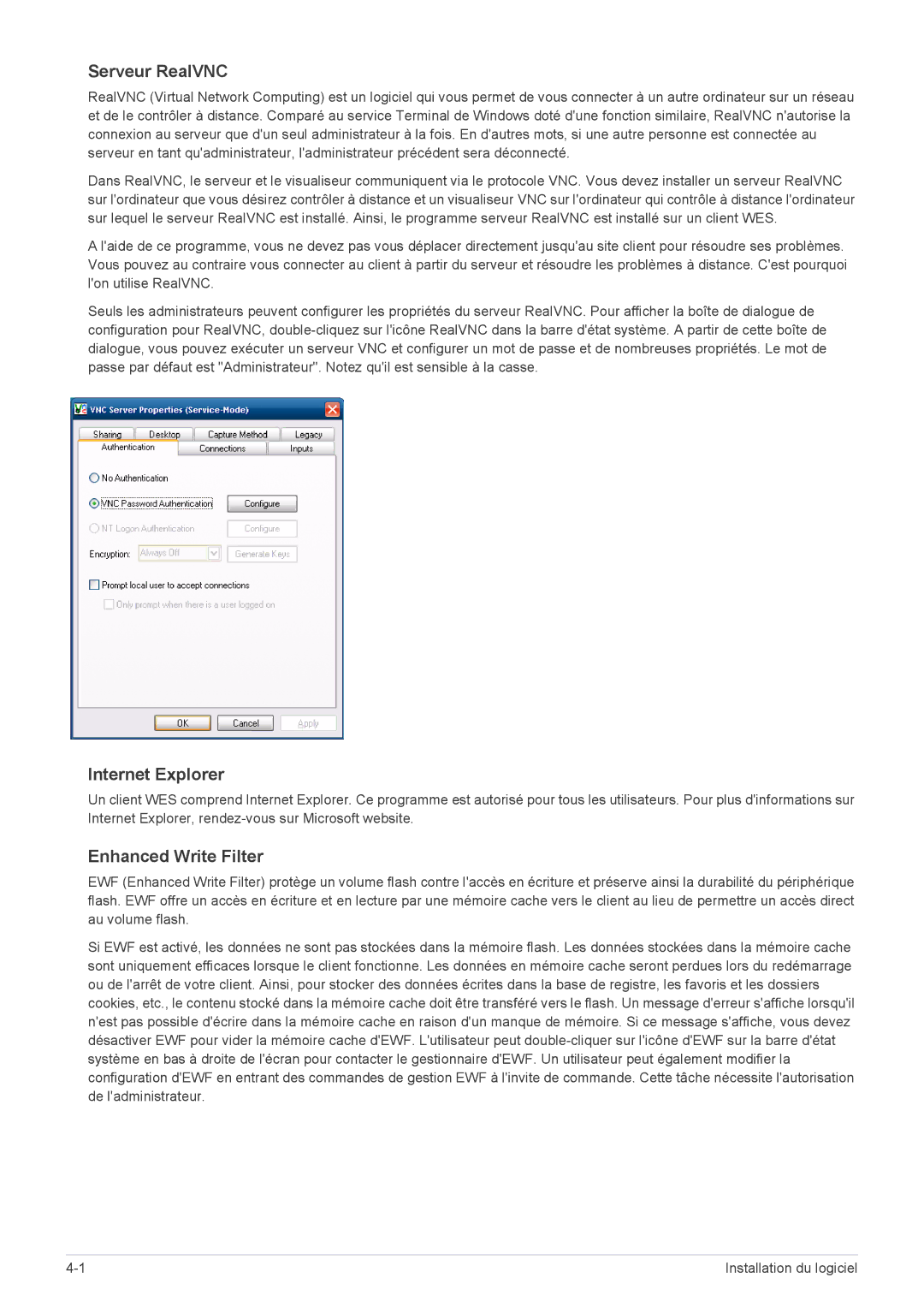 Samsung LF18TUSLBL/EN, LF18TUSLB3/EN manual Serveur RealVNC, Internet Explorer, Enhanced Write Filter 