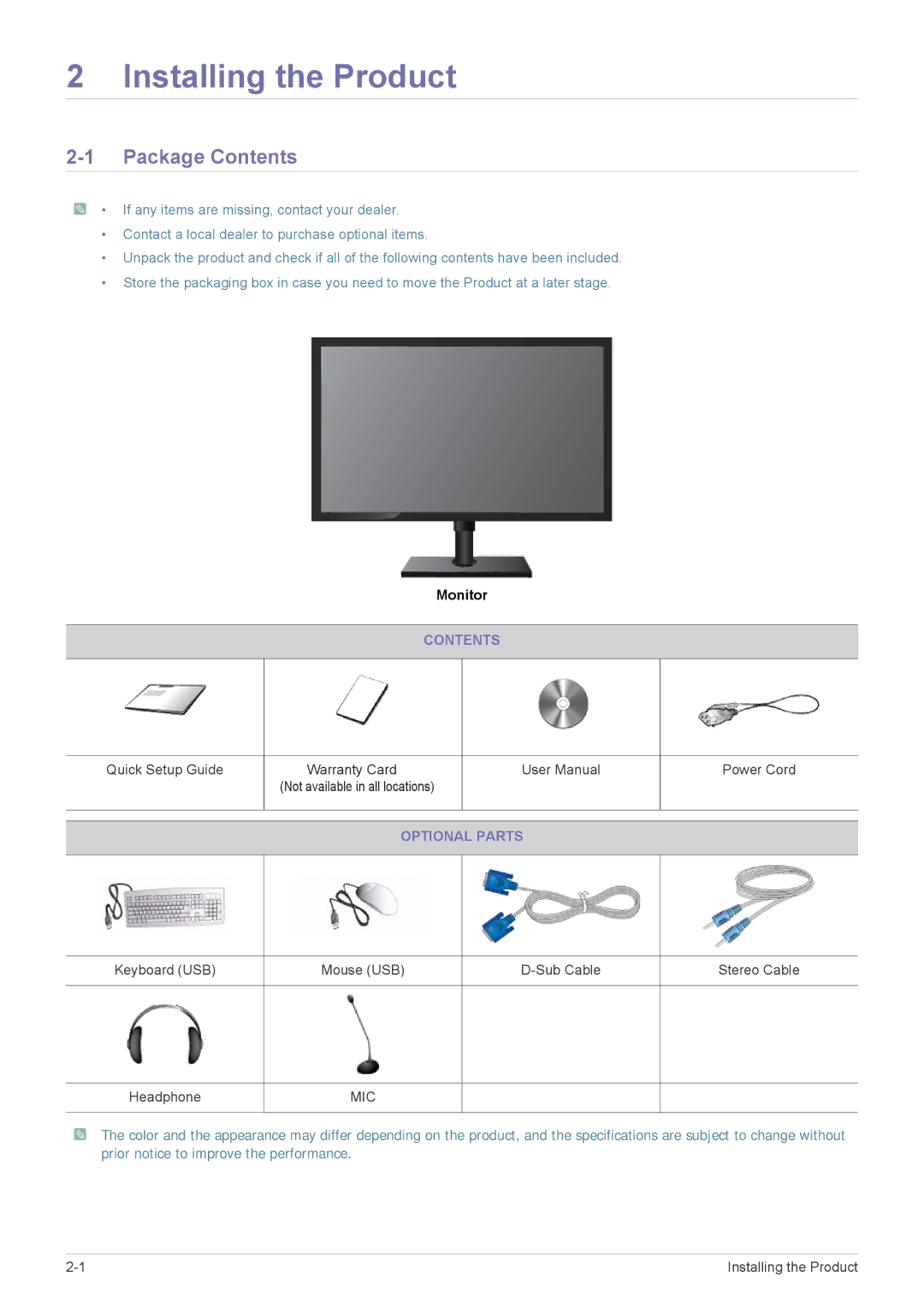 Samsung LF18TUSLB3/EN, LF18TUSLBM/EN, LF18TUSLBL/EN manual Installing the Product, Package Contents 