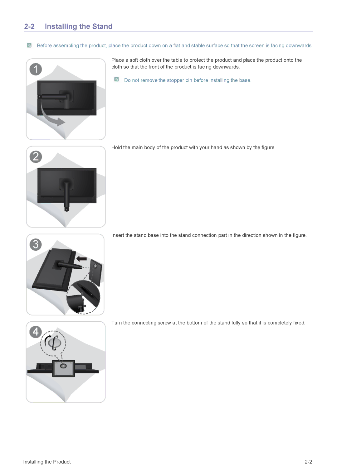 Samsung LF18TUSLBL/EN, LF18TUSLBM/EN manual Installing the Stand, Do not remove the stopper pin before installing the base 